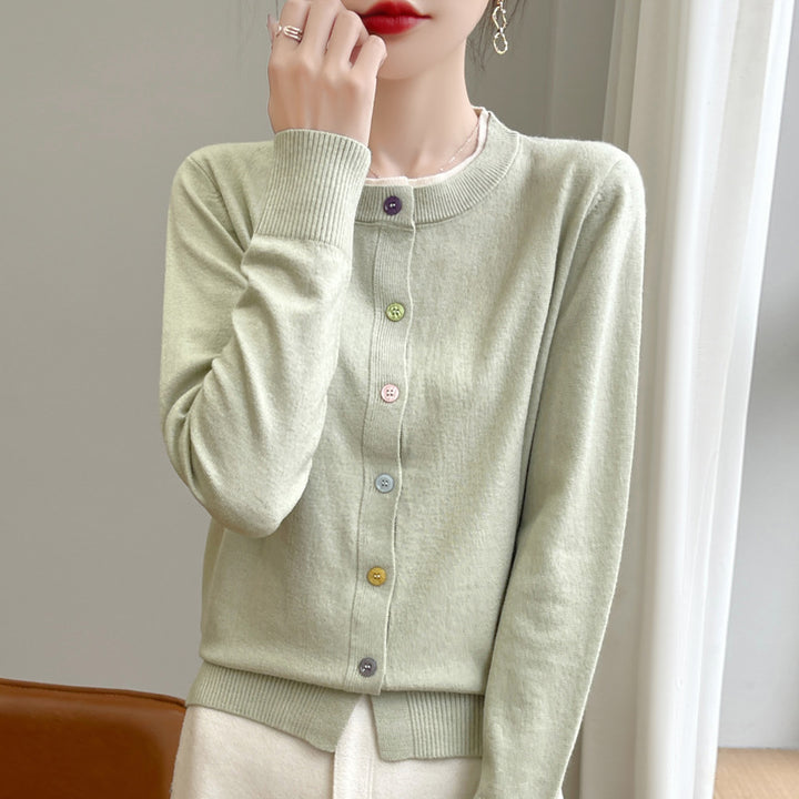 Damen Leichter Feinstrick-Cardigan mit Rundhalsausschnitt und bunten Knöpfen Drune