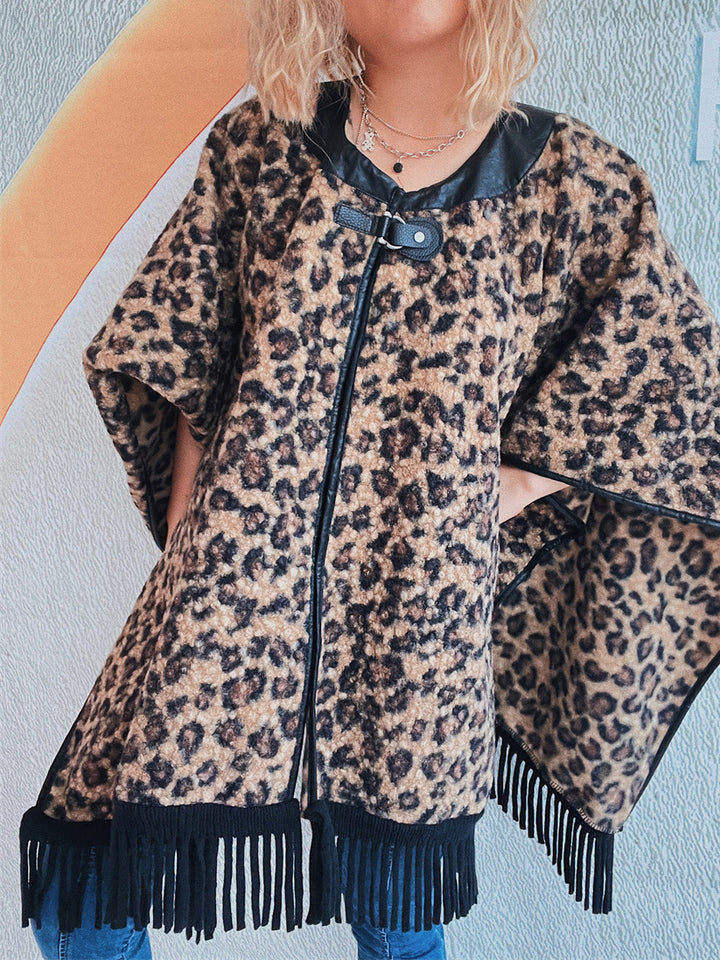 Damen modischer Poncho mit Fransen und tierischem Print Drune