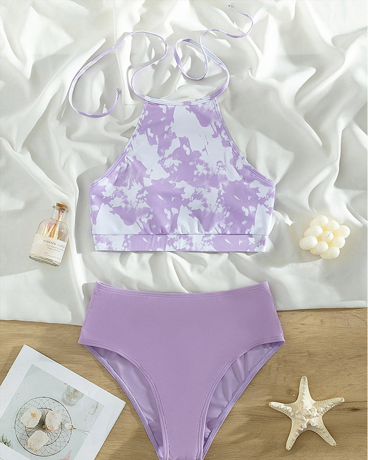 Damen Crop-Top Bikini mit hohem Kragen und floralen Mustern Drune