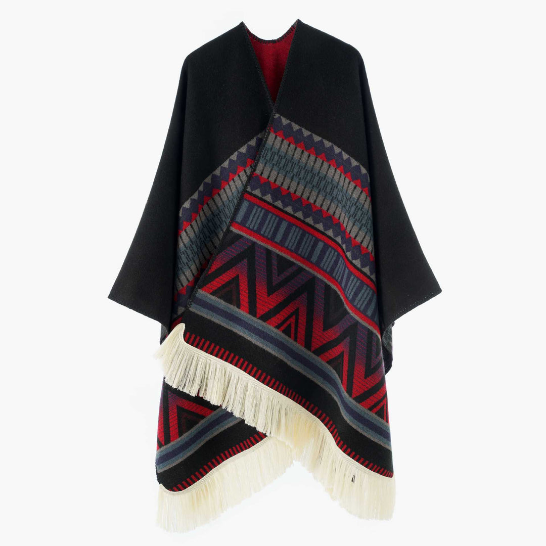 Damen Gewebter Ethno-Poncho mit Fransen und Jacquardmuster Drune