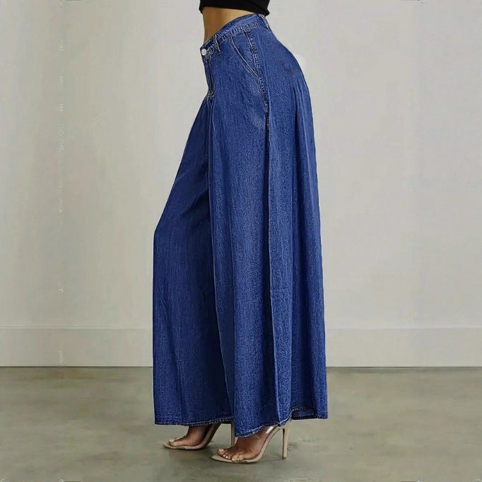 Damen Extraweite High‑Waist Denim‑Palazzohose mit fließendem Tellerfall Drune