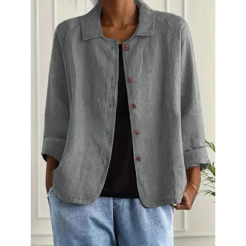 Damen Leichte Leinenoptik-Bluse mit lockerer Passform, 3/4-Ärmeln und Knopfleiste Drune