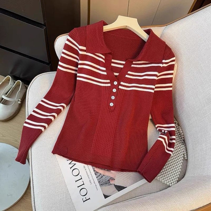 Damen gestreifter Pullover mit Knopfleiste und klassischem Kragen Drune