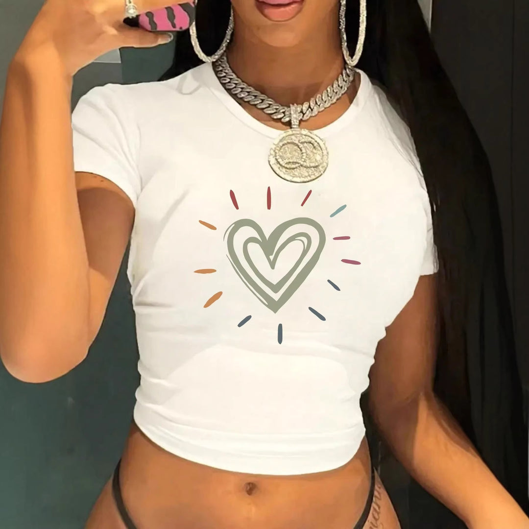 Damen Crop-T-Shirt mit kreativem Herzmotiv und moderner Passform Drune