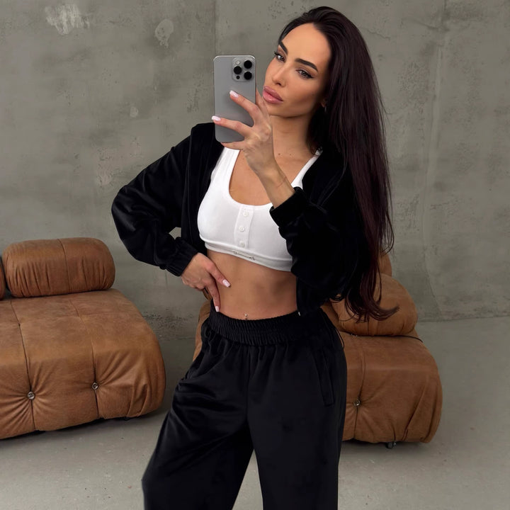 Damen weites Lounge-Set mit Cropped Zipjacke und High-Waist Relaxhose Drune