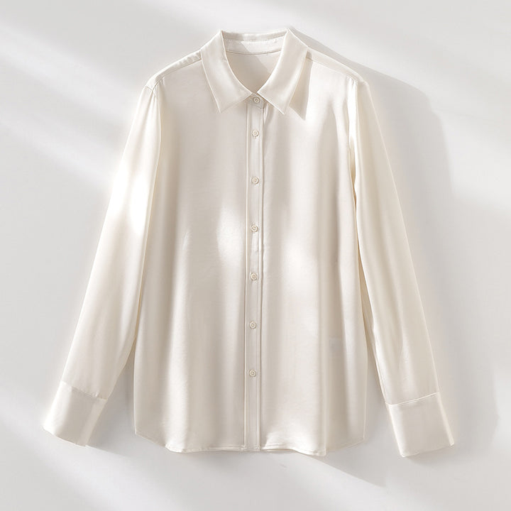Damen Seiden-Optik Bluse mit Hemdkragen, verdeckter Knopfleiste und verlängertem Manschetten-Detail Drune