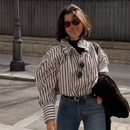 Damen Gestreifte Oversized-Bluse mit Rüschkragen & voluminösen Puffärmeln Drune