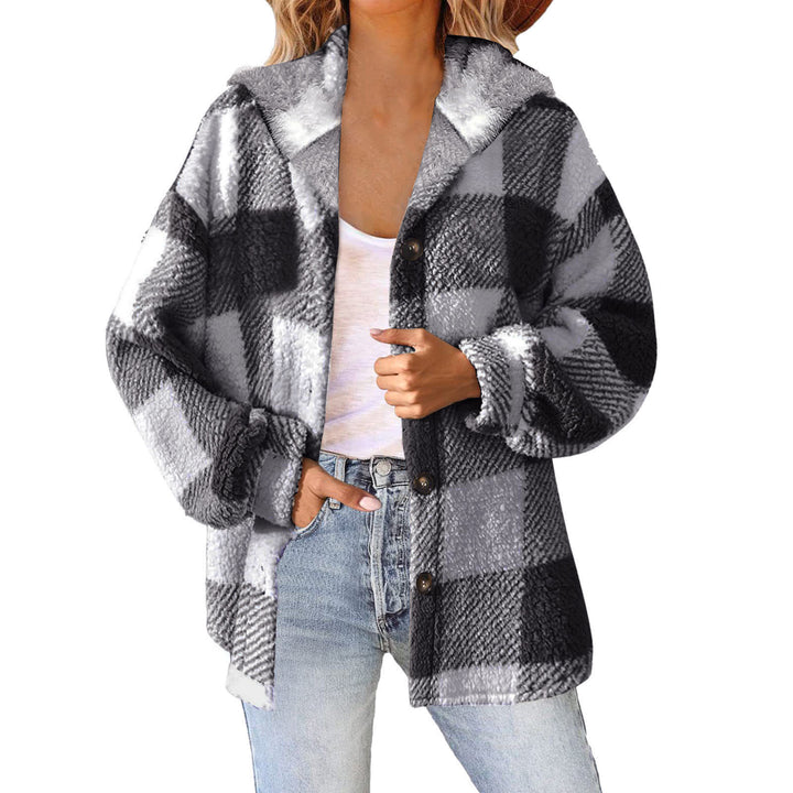 Damen nan kuschelige karierte Teddyjacke mit Kapuze, Knopfverschluss und oversized Schnitt Drune