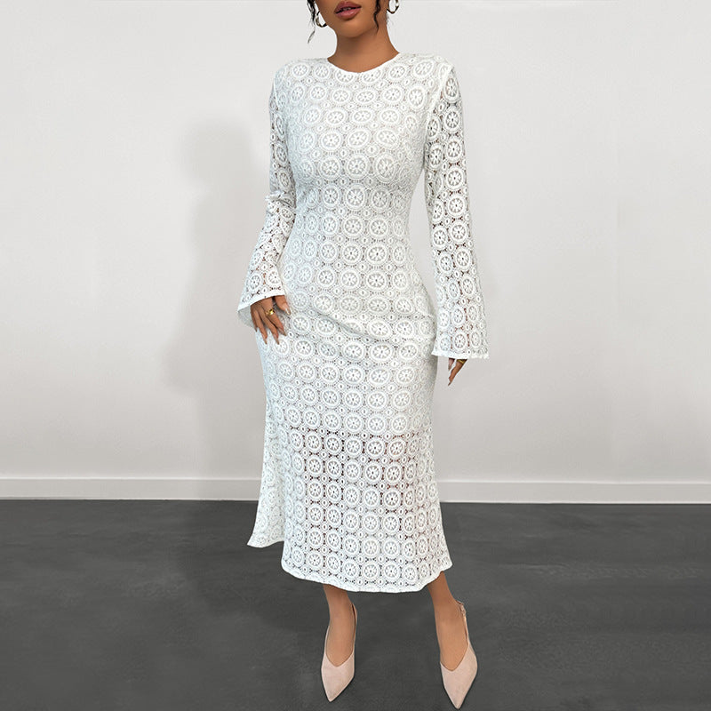 Damen Elegantes Spitzenkleid mit ausgestellten Ärmeln Drune