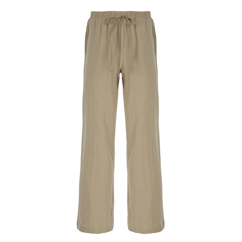 Damen Leichte Leinenhose mit weitem Bein, elastischem Bund und Tunnelzug Drune
