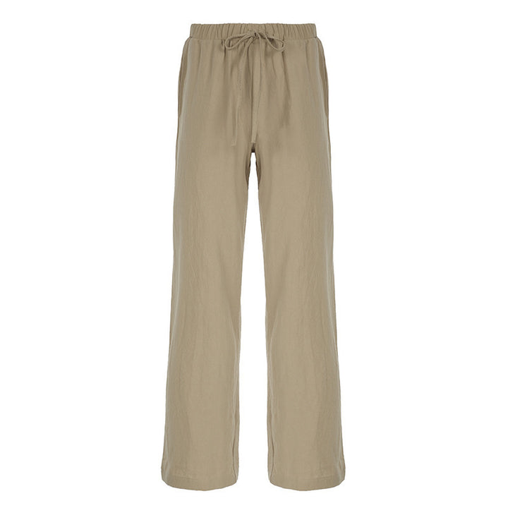Damen Leichte Leinenhose mit weitem Bein, elastischem Bund und Tunnelzug Drune