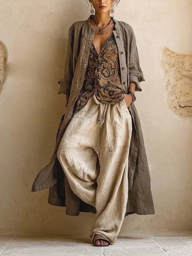Damen Lässige Leinenhose mit hohem Bund Drune
