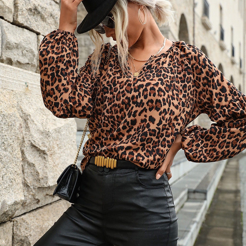 Damen Leopardenprint-Bluse mit V‑Ausschnitt, Ballonärmeln und lockerem Fall Drune