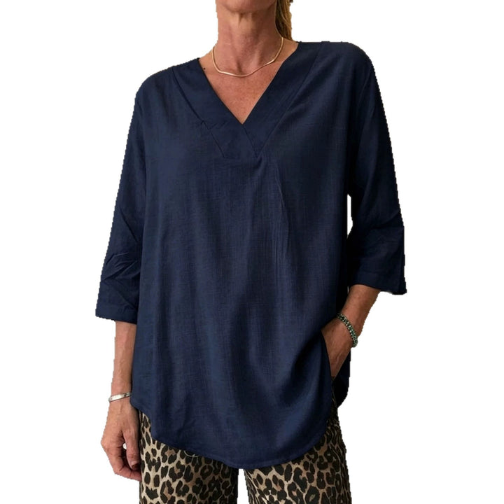 Damen Leichte Oversize V-Ausschnitt Tunika in Leinenoptik mit dreiviertel Ärmeln und abgerundetem Saum Drune