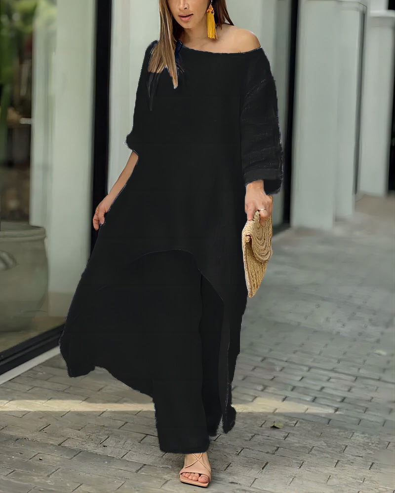Damen nan weit geschnittenes Leinenzweiteiler Set mit asymmetrischer Tunika und lockeren Marlene-Hose Drune