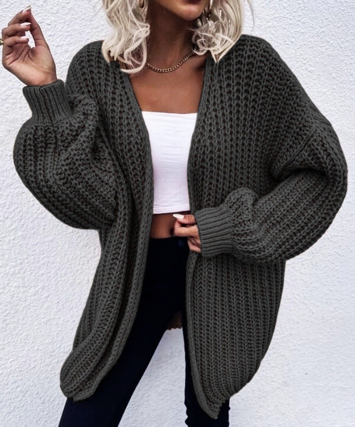 Damen lässiger Grobstrick-Cardigan mit tiefen Taschen und voluminösen Ärmeln Drune