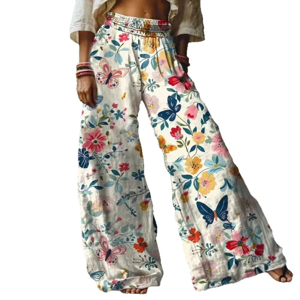 Damen Weite Sommerhose mit buntem Blumen- und Schmetterlingsprint Drune