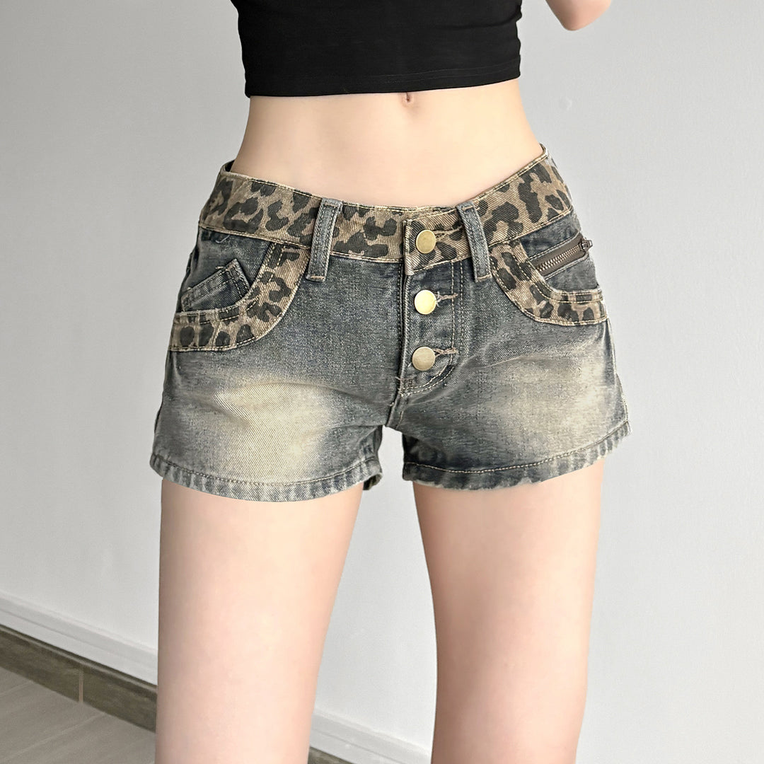 Damen Kurze Jeansshorts mit Leopardenmuster und gerafftem Bund Drune