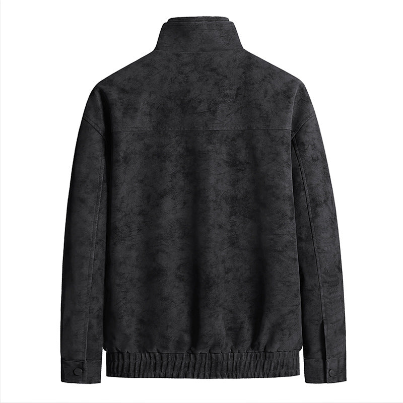 Herren  Faux-Suede Strukturierte Stehkragen-Zip-Jacke mit schrägen Brusttaschen Drune
