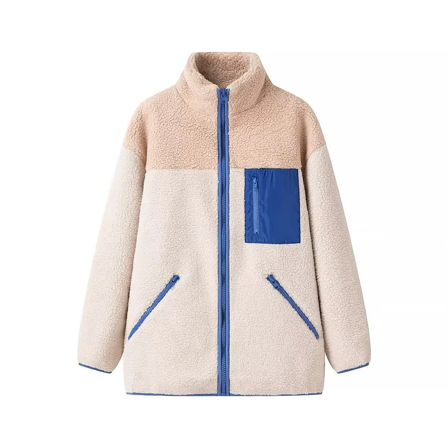 Damen nan locker geschnittene Teddy‑Fleecejacke mit Stehkragen Reißverschlusstaschen und aufgesetzter Brusttasche Drune