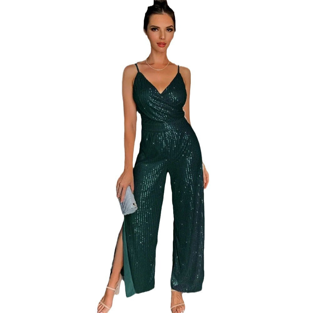 Damen Glamouröser Jumpsuit mit funkelndem Paillettenbesatz und elegantem Schlitz Drune