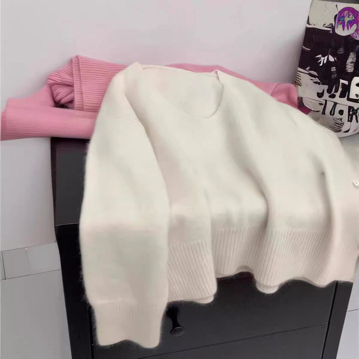 Damen Eleganter V-Ausschnitt Pullover mit Rippstruktur und lässigem Schnitt Drune
