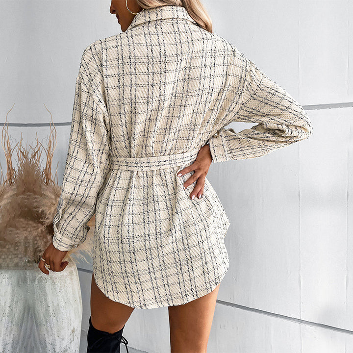 Damen Tweed-Hemdjacke mit Perlenknopfleiste und Taillengürtel Drune