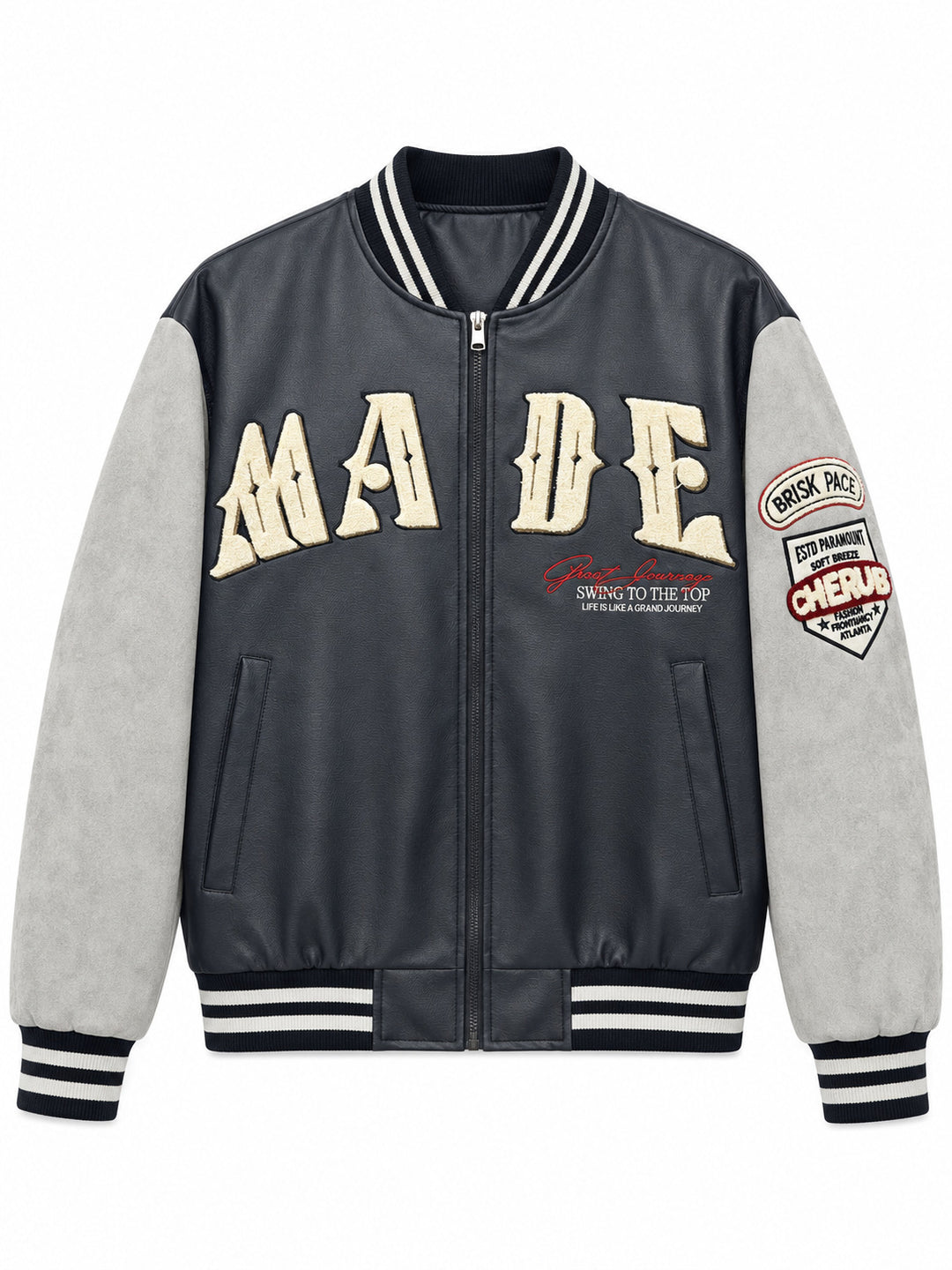 Herren Collegejacke im Letterman‑Style mit Kunstlederkörper und Veloursärmeln Drune