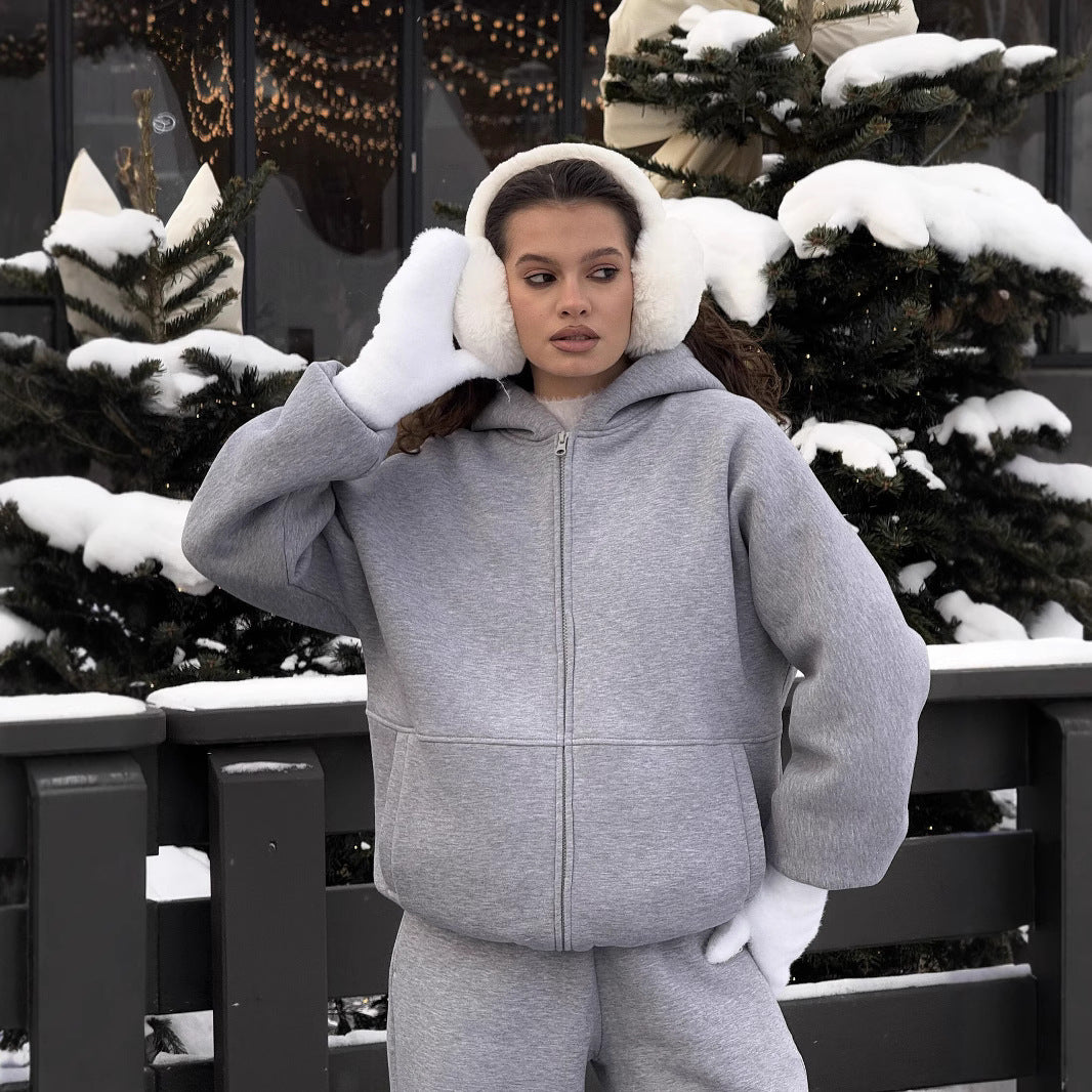 Damen Komfort-Kapuzen-Zipjacke mit verdecktem Reißverschluss, Kängurutasche und gerader Sweat-Hose Drune