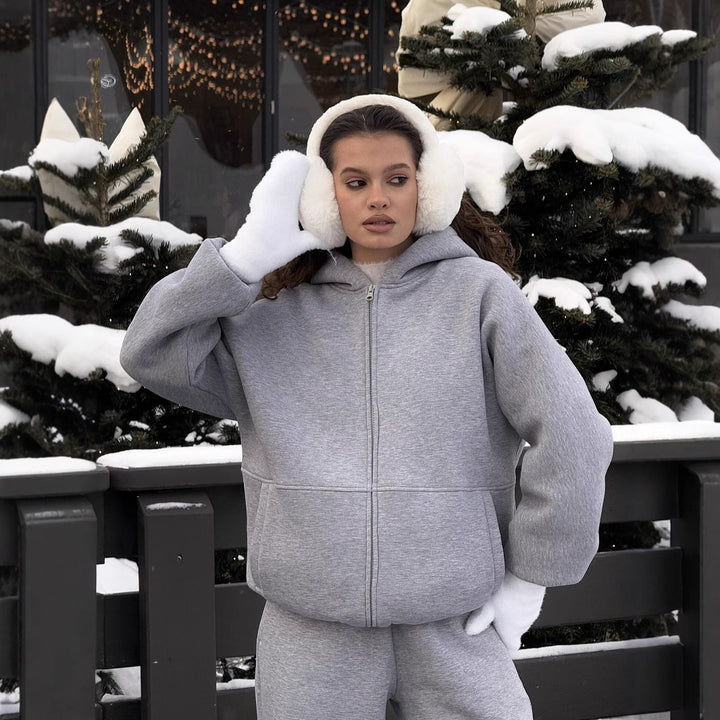 Damen Komfort-Kapuzen-Zipjacke mit verdecktem Reißverschluss, Kängurutasche und gerader Sweat-Hose Drune