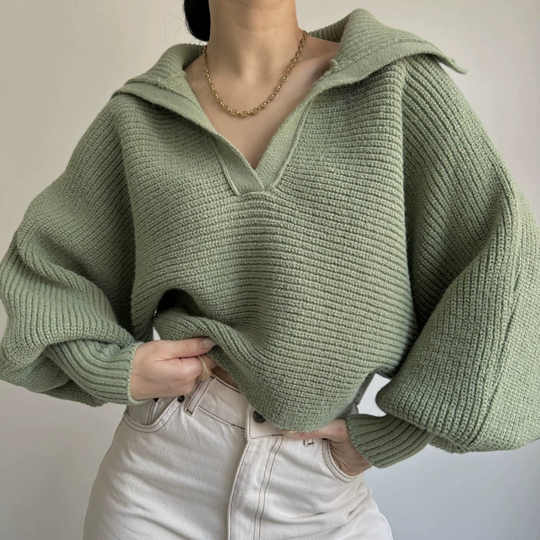 Damen nan Grobstrick-Pullover mit weitem Kragen und V-Ausschnitt Drune