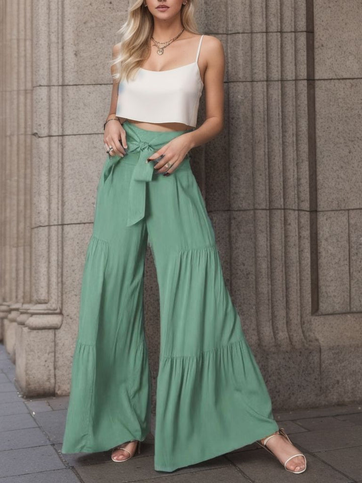 Damen weite High-Waist Hose mit eleganten Falten und Bindegürtel Drune