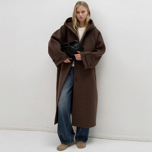Damen oversized Wollmantel mit praktischer Kapuze Drune