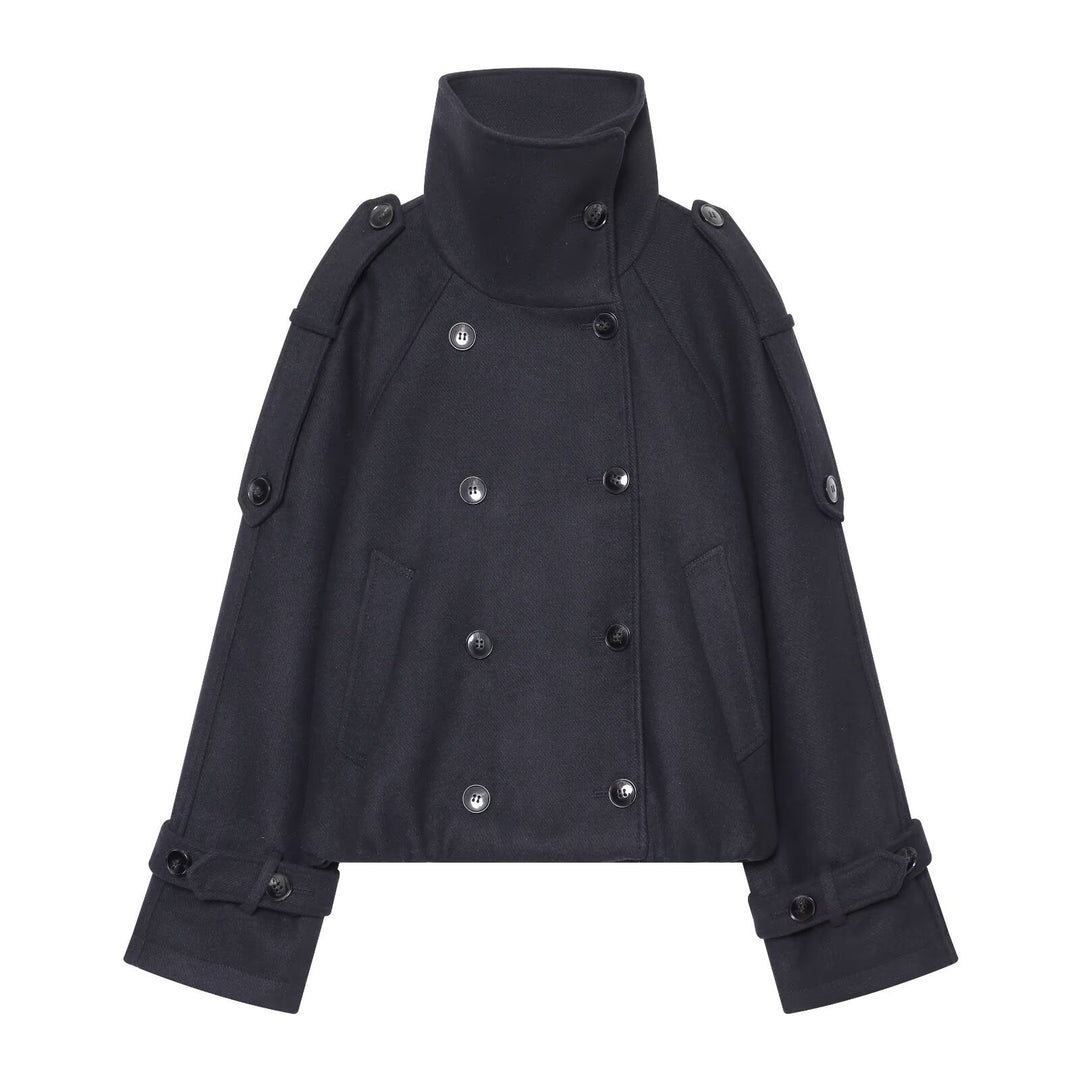 Damen Kurzer Doppelreihiger Cape‑Mantel mit hohem Stehkragen und Epauletten Drune