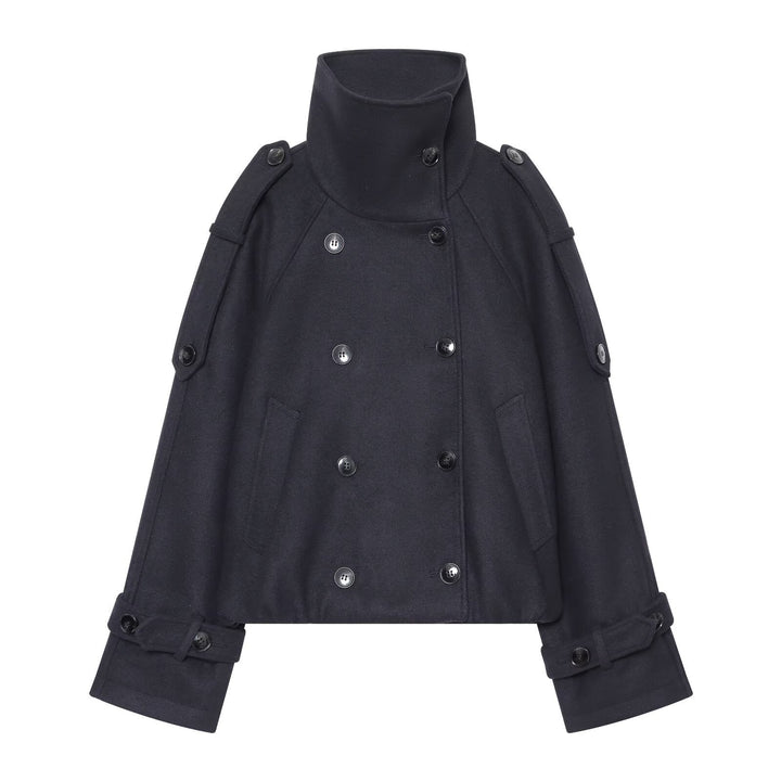 Damen Kurzer Doppelreihiger Cape‑Mantel mit hohem Stehkragen und Epauletten Drune