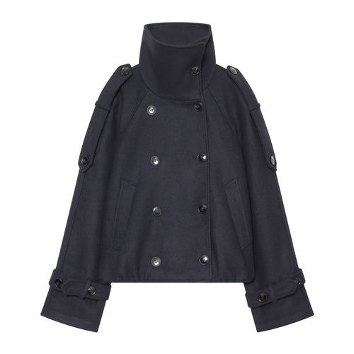 Damen Kurzer Doppelreihiger Cape‑Mantel mit hohem Stehkragen und Epauletten Drune