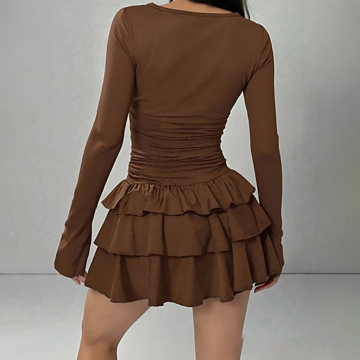 Damen Mini-Kleid mit voluminösem Rüschensaum und langem Arm Drune