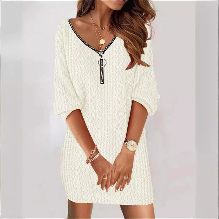 Damen Strickkleid mit modernem Zipper und V-Ausschnitt Drune