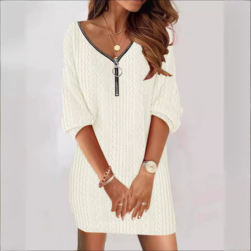 Damen Strickkleid mit modernem Zipper und V-Ausschnitt Drune