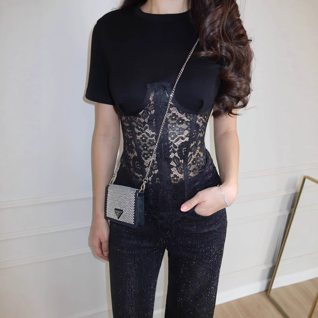 Damen nan T-Shirt mit eingesetztem Spitzenkorsett und konturierter Bügelnaht Drune