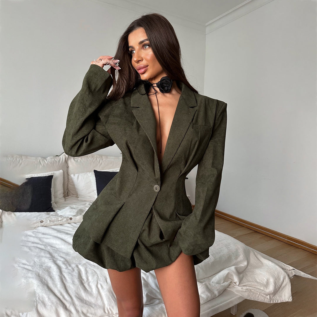 Damen Eleganter Strukturierter Blazer mit tiefem Ausschnitt Drune