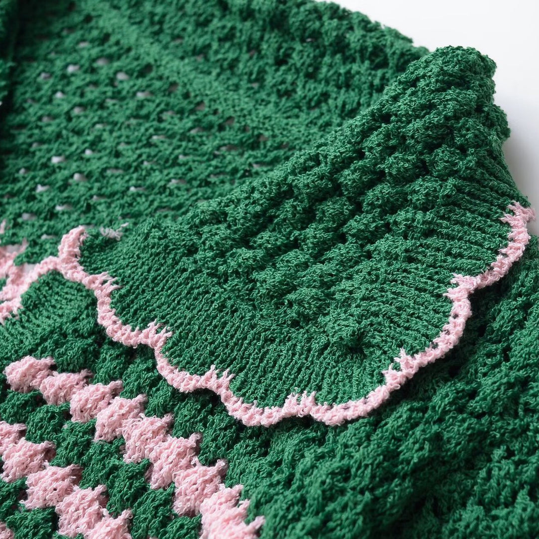 Damen Kurze gehäkelte Strickjacke mit Rüschenkragen und Kontraststreifen Drune