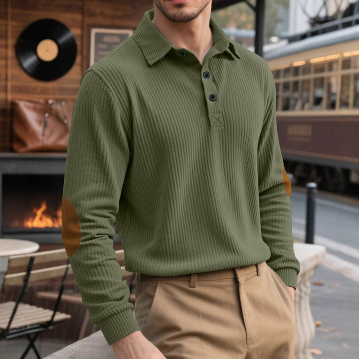 Herren nan gerippter Freizeit-Polo mit Kentkragen, kurzer Knopfleiste und Velours-Ellenbogenpatch Drune