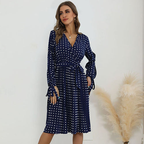 Damen Polka-Dot Wickelkleid mit V‑Ausschnitt, Bindegürtel und plissiertem Midirock Drune