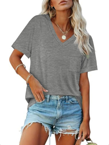 Damen V-Ausschnitt T-Shirt mit Taschen und lässiger Passform Drune