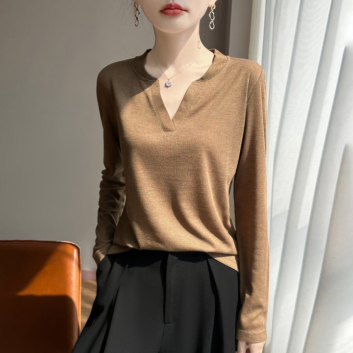 Damen Langärmliges Feinstrickshirt mit geschlitztem V-Kragen Drune