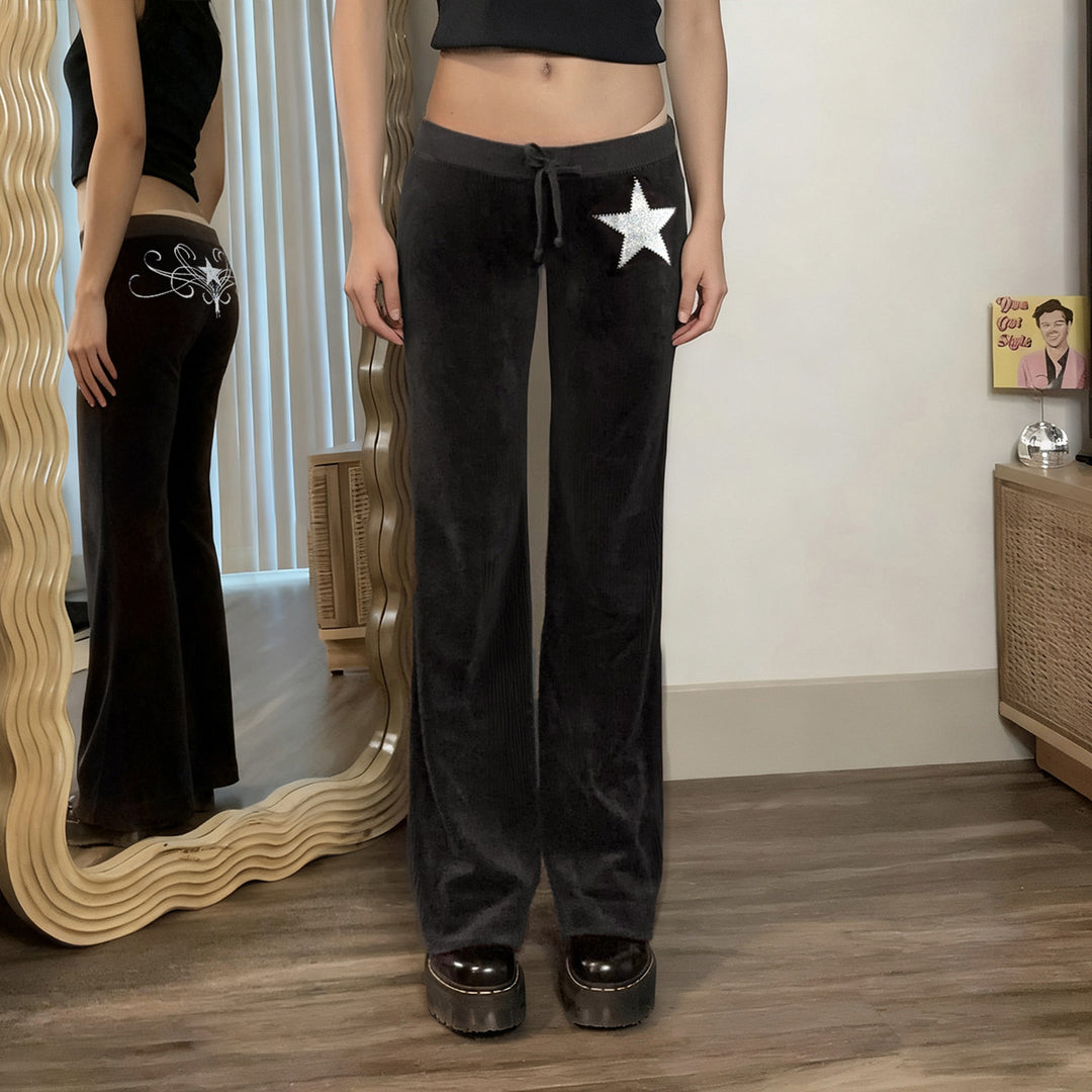 Damen weiche Velours‑Schlaghose mit Zierstern aus Strass und Tunnelzugbund Drune