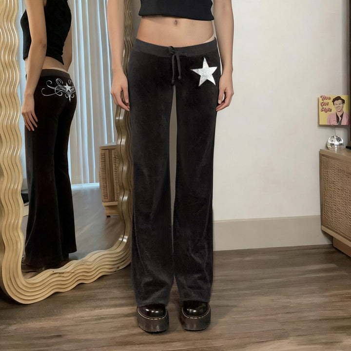 Damen weiche Velours‑Schlaghose mit Zierstern aus Strass und Tunnelzugbund Drune