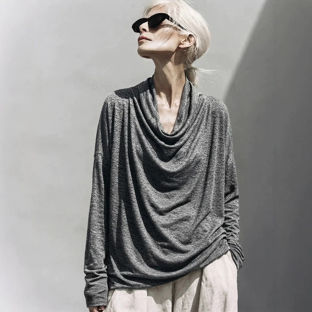 Damen Drapiertes Oversize-Langarmshirt mit Wasserfallkragen Drune