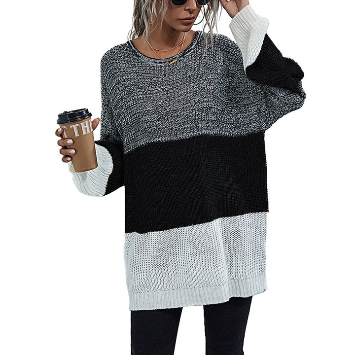 Damen Longline-Grobstrickpullover mit Farbbalken, Rundhalsausschnitt und leicht überschnittener Schulter Drune